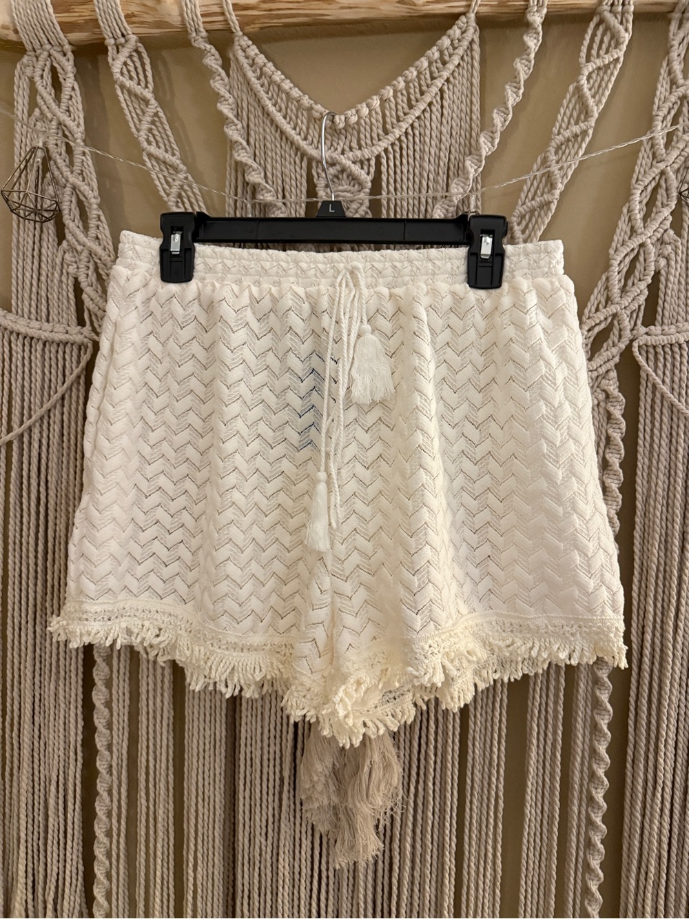 Cupshe Ivory Crochet Shorts with Fringe Detail